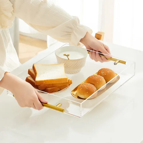 Miniatura 5 de Bandeja de acrílico transparente para servir Lucite con asas de metal, sin necesidad de montar, 11 x 14 pulgadas, organizador de almacenamiento