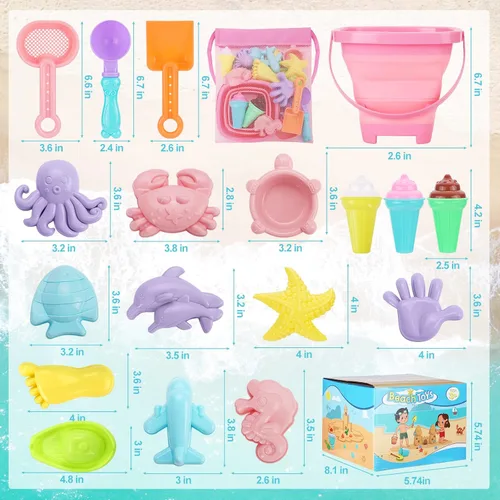 Miniatura 10 de REZUCREY Juguetes de playa, juguetes de arena de helado para niños pequeños, con cubo plegable y palas para niños con bolsa, juguetes de viaje