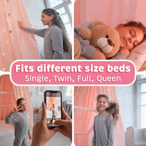Miniatura 3 de Toldo de Cama Bollepo con Luces - Toldo Rosa de Princesa para Habitación de Niñas Individual, Doble, Matrimonial, Queen Cama Infantil, Toldo