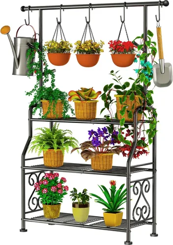 Miniatura 9 de GIOTORENT Soporte para plantas para interiores y exteriores, estantes de metal resistente de 4 niveles, exhibe hasta 17 plantas múltiples, soporte