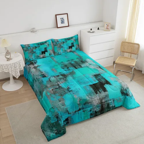 Miniatura 4 de Erosebridal Juego de ropa de cama de teñido anudado verde azulado, juego de edredón tamaño Queen, color turquesa, degradado, abstracto, grunge