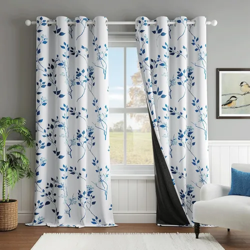 Miniatura 12 de Beauoop Cortinas Florales 100% Opacas de 54 Pulgadas de Largo, 2 Paneles para Dormitorio, Sala de Estar, Azul Gris y Blanco con Patrón de Flores