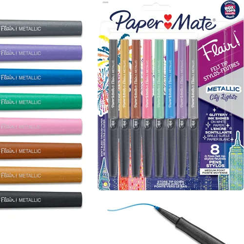 Paper Mate Flair - Bolígrafos metálicos de punta de fieltro, colección City Lights, colores surtidos brillantes, tinta premium, 8 unidades,