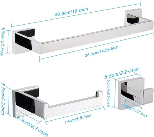 Miniatura 6 de TASTOS Juego de accesorios de baño cromados de 3 piezas, soporte de acero inoxidable de alta calidad, soporte para papel higiénico de 16 pulgadas