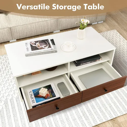 Miniatura 4 de Giantex Mesa auxiliar rectangular de madera, mesa central moderna de 2 niveles con 2 cajones, 2 estantes de almacenamiento, fácil montaje, soporte