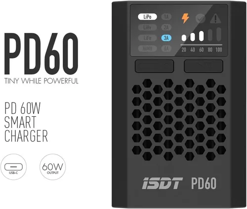 Miniatura 2 de ISDT PD60S XT60 Conector 60W 6A Cargador de equilibrio de batería Tipo C Entrada para batería Lipo 1-4S, vida útil, Lilon, LiHv/Pb/NiMH Batería