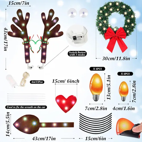 Miniatura 5 de Paquete de 3 cuernos de reno de Navidad para coche con luces LED, decoraciones de coche de Navidad, corona de Navidad iluminada, imanes reflectantes