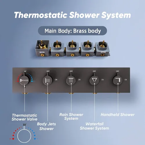 Miniatura 4 de Sistema de ducha termostático, sistema de ducha de cuerpo completo con chorros corporales, sistema de ducha inteligente de cascada de lluvia de 23