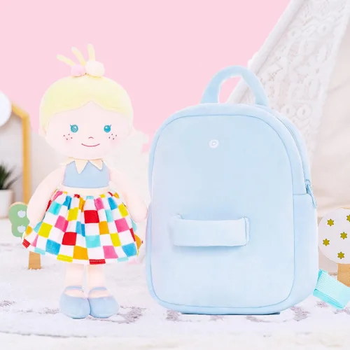 Miniatura 6 de Onetoo Mochila para niños pequeños con muñecas suaves en vestido a cuadros de 9.5 pulgadas