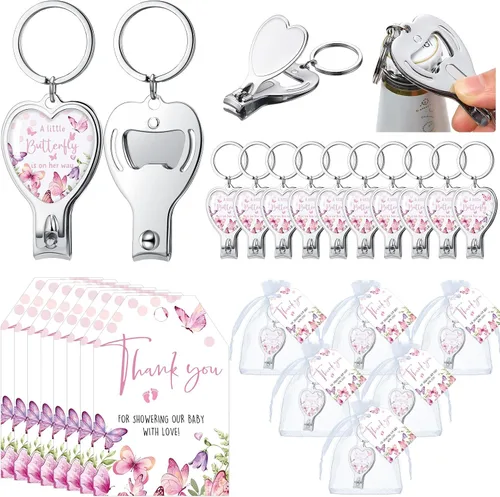 Miniatura 8 de Wesiti 25 juegos de llaveros para baby shower para invitados Baby in Bloom con cortaúñas y abridor de botellas, tarjeta de agradecimiento y bolsa