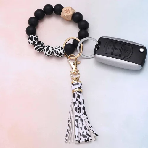 Miniatura 3 de BAOSIWA Pulsera de cuentas de silicona con llavero de pulsera para mujer con borla de cuero