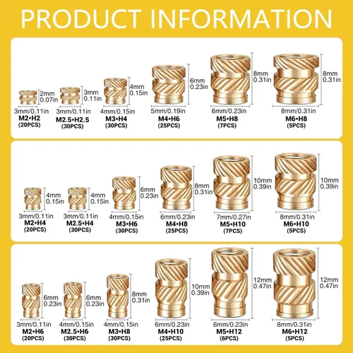 Miniatura 2 de Canitu 350 piezas de insertos roscados, M2/M2.5/M3/M4/M5/M6 rosca métrica hembra Kit surtido de tuercas moleteadas de latón para plástico