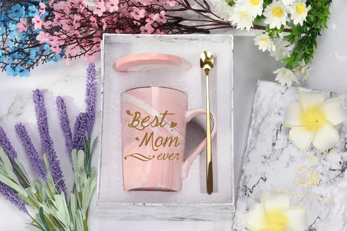 Miniatura 2 de Taza de la mejor mamá, regalo de cumpleaños y día de la madre de parte de hija o hijo, taza rosa de 14 onzas con cuchara, tapete de taza y caja