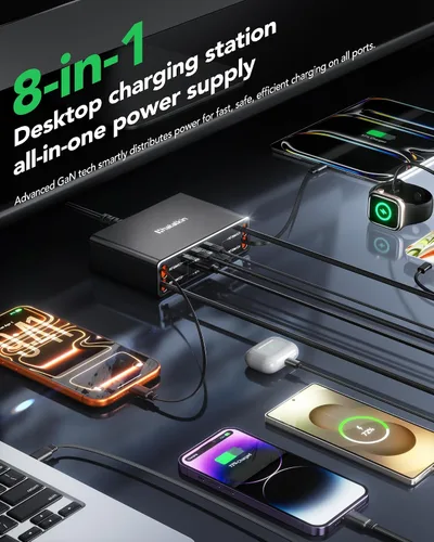 Miniatura 2 de Cargador retráctil 8 en 1 para múltiples dispositivos Apple Samsung, estación de carga de 105 W, USB c Gan Usbc, enchufe de pared de cargador rápido