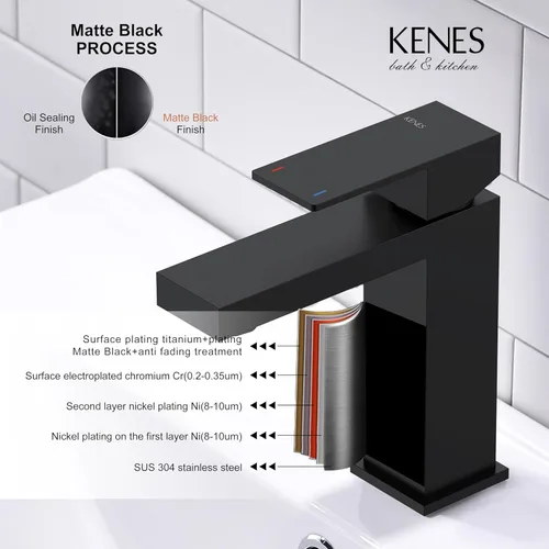 Miniatura 7 de KENES Grifo de lavabo de baño de una sola manija negro mate, grifo de tocador de acero inoxidable para lavabo de baño, con tapón de drenaje