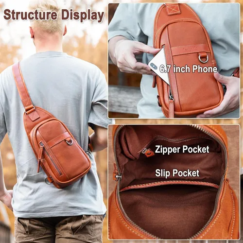 Miniatura 4 de CENUNCO Geniune - Bolso bandolera de cuero para hombres y mujeres, bolso cruzado para el hombro, mochila para el pecho