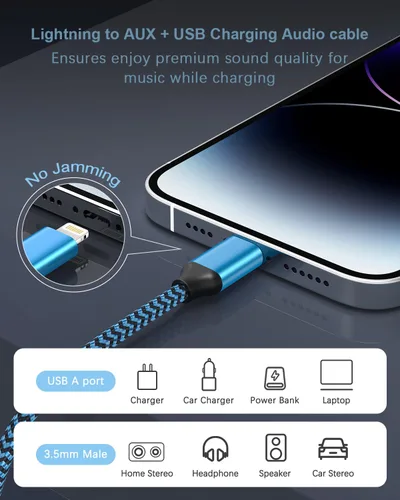 Miniatura 4 de Cable auxiliar para iPhone para automóvil, cable auxiliar Lightning a 0.138 in, cable auxiliar 2 en 1 de audio y carga para el hogar, altavoz