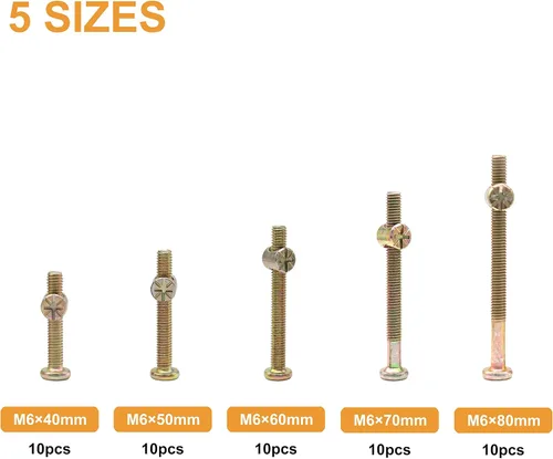 Miniatura 3 de Tornillos de repuesto para cuna de bebé, 50 piezas M6 x 1.575 in/1.969 in/2.362 in/2.756 in/3.150 in/3.150 in, tornillos hexagonales, tuercas