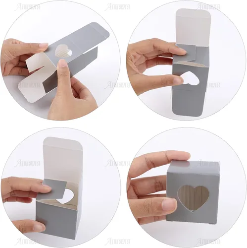 Miniatura 3 de AUEAR, Paquete de 50 cajas de regalo Kraft con ventana de corazón de plástico transparente de 2 x 2 x 2 pulgadas, regalo gris para pasteles, dulces