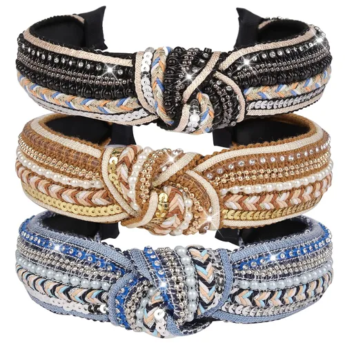 Miniatura 8 de TOBATOBA Diademas anudadas para mujer, paquete de 3 diademas con cuentas de perlas de diamantes de imitación, diademas bohemias con nudo superior
