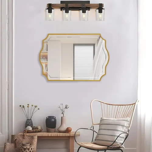 Miniatura 9 de POZINO Espejo de baño dorado, espejo rectangular moderno de 24 x 36 pulgadas para sobre el fregadero, espejos festoneados con marco de madera
