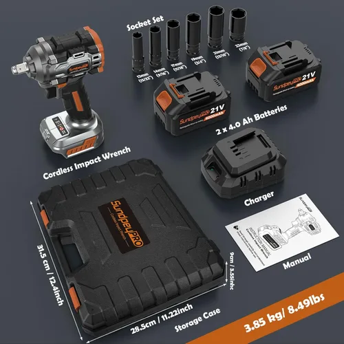Miniatura 8 de 21V Cordless Impact Wrench - 750Ft-lbs(1000N·m) High Torque Brushless Power 1/2 Inch Impact Gun with 2 x 4.0Ah Batteries & 6 Sockets & Fast Charger