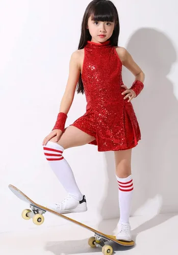 Miniatura 3 de LOLANTA Vestido de baile de lentejuelas para niñas de 4 a 12 años, traje de baile de hip hop, sin mangas y pantalones cortos