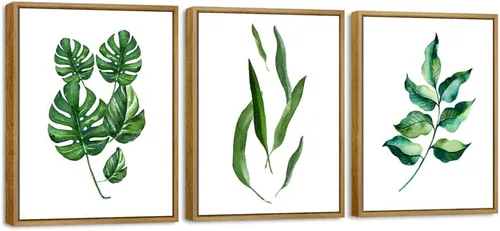 Pyradecor Lienzo enmarcado para pared, diseño botánico abstracto de hojas verdes, acuarela, 3 piezas, obras de arte modernas para dormitorio, sala