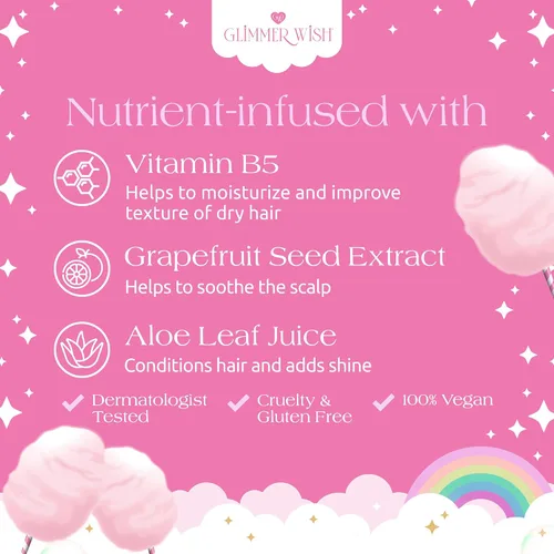 Miniatura 4 de Glimmer Wish Unicorn Kids Champú sin parabenos ni sulfatos para cabello suave y manejable, cuidado del cabello de los niños, aroma de algodón