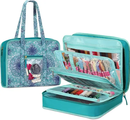 Miniatura 8 de FINPAC Bolsa de almacenamiento de suministros de costura y manualidades, bolsa organizadora de viaje de gran capacidad con bolsillos transparentes