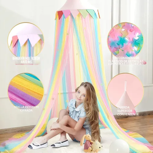 Miniatura 4 de LOAOL Toldo de cama para niños – Cortinas de cama con toldo de sueño de hadas con red colgante de color arcoíris, cúpula redonda rosa con bandera
