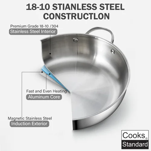 Miniatura 3 de Cooks Standard Wok Sartén para Saltear con Tapa de Vidrio, Sartén de Chef Clásica de Acero Inoxidable de 12 Pulgadas/30cm para Uso Diario, Plateado