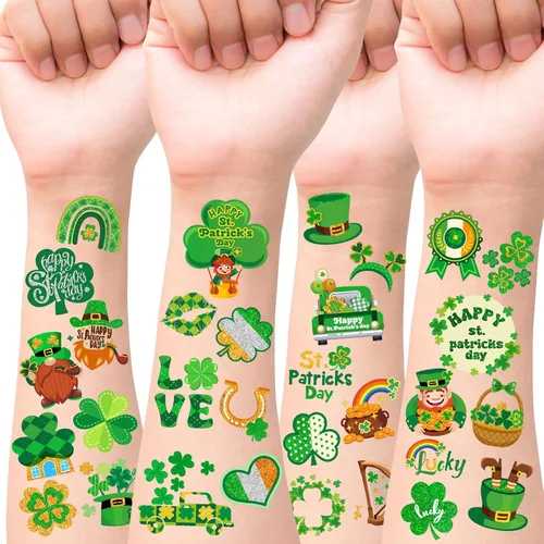 Miniatura 2 de HOWAF 96 tatuajes temporales del día de San Patricio, calcomanías de tatuaje de trébol con purpurina para decoraciones de fiesta irlandesa, tatuajes
