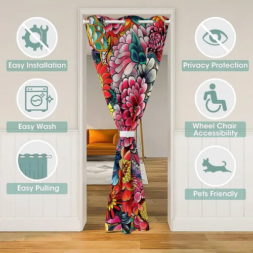 Miniatura 3 de Cortina opaca bohemia floral para dormitorio, cortina bohemia para puerta, 34 pulgadas de ancho x 80 pulgadas de largo, cortina de jardín de plantas