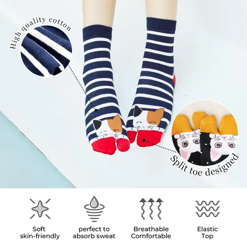 Miniatura 2 de Hellomamma Tabi - Calcetines de dos dedos para mujer, con división atlética, de algodón, colorido, 4 pares