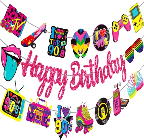 Miniatura 2 de Pancartas de fiesta de cumpleaños temáticas de los años 90, decoraciones retro de fiesta de cumpleaños de los años 90, decoraciones de regreso a