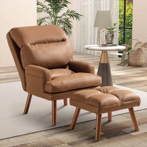 Miniatura 14 de CANMOV Silla decorativa moderna con otomana, sillón de tela suave con respaldo ajustable y bolsillos laterales, cómoda silla de descanso para sala
