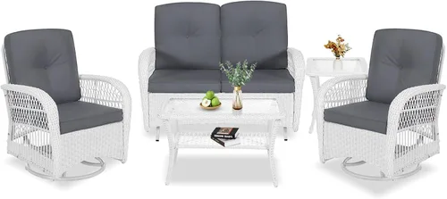 Miniatura 37 de VIVIJASON Silla mecedora de mimbre para exteriores, 2 piezas, sillas mecedoras de ratán para patio con cojines y marco de acero, muebles de mimbre