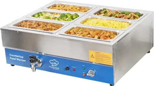 TOPKITCH Calentador de alimentos comercial de 6 bandejas, Baño María eléctrico de acero inoxidable para encimera, mesa de vapor para buffet para