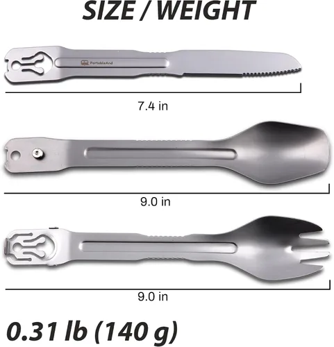 Miniatura 5 de PortableAnd Juego de utensilios de camping 4 en 1: cuchara, spork, cuchillo, pinzas, multiherramienta de acero inoxidable para cocinar al aire