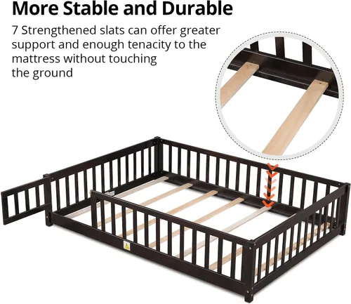 Miniatura 4 de Marco de cama Montessori de madera de tamaño individual con listones de madera, valla y puerta para niños, niñas y niños, espresso