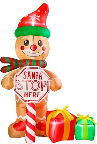 Letrero de 7.5 pies "Santa Stop Here" Hombre de Jengibre Inflable de Navidad con Luces LED, Decoraciones Inflables para Patio Exterior, Césped,