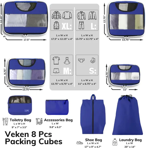 Miniatura 2 de Veken Juego de 8 cubos de embalaje para maletas, organizadores de bolsas de viaje para equipaje de mano, juego de bolsas organizadoras de maletas