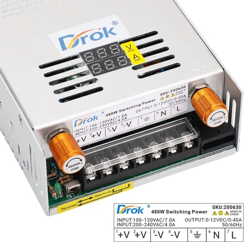 Miniatura 2 de DROK Fuente de alimentación de 12V, CA 110V 220V a CC 0-12V 0-40A 480W Convertidor Buck, adaptador regulado ajustable de voltaje y amperios 5V 9V