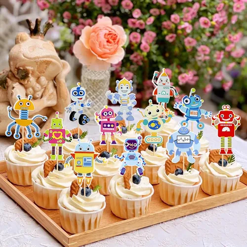 Miniatura 6 de Ercadio Paquete de 36 adornos para magdalenas de robots de dibujos animados impresos, selecciones de cupcakes, decoración de pasteles para temática