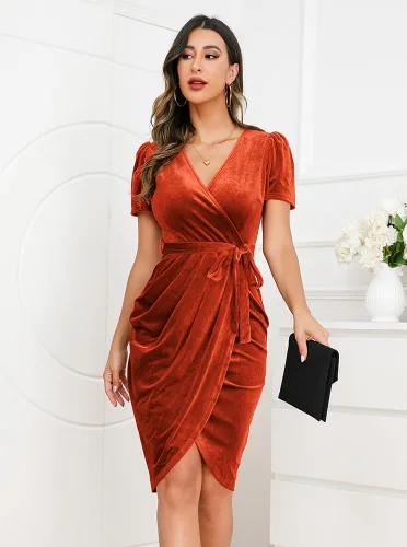 Miniatura 2 de IHOT Vestido sexy de terciopelo cruzado con cuello en V para mujer, manga corta, fruncido, vestido de fiesta de cóctel