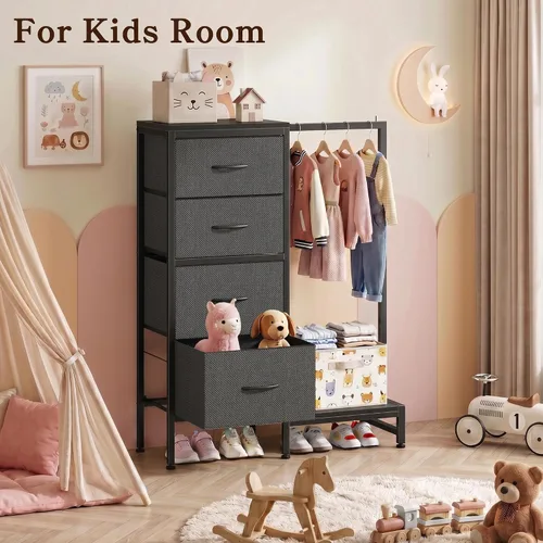 Miniatura 7 de HIGDBFE Cómoda con Perchero Colgante, 4 Cajones Armario Pequeño para Dormitorio, Cómoda de Tela Reversible para Niños con Perchero, Torre de Gris