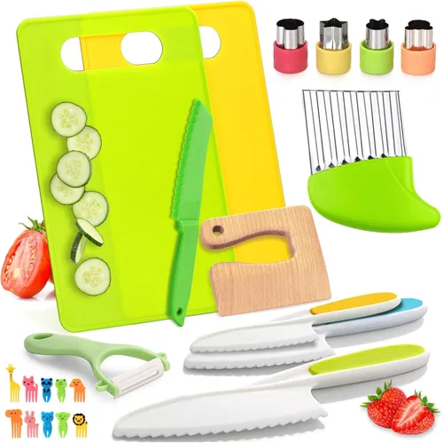 Juego de 23 piezas de cuchillos para niños para cocina real, juguetes de cocina Montessori para niños pequeños, juego de cuchillos para niños