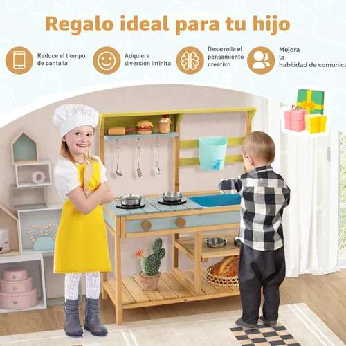 Miniatura 8 de Costzon Cocina de madera para niños, cocina de barro al aire libre con fregadero extraíble, caja de agua y grifo, parte superior de la estufa, Azul