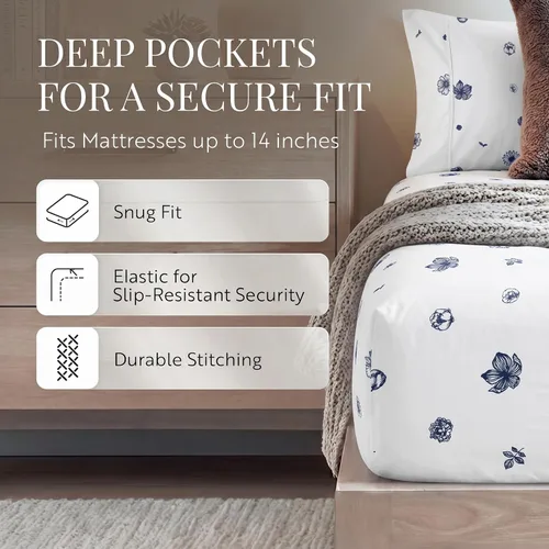 Miniatura 2 de Merit Linens Sábanas transpirables con estampado floral de estilo hotel Juego de 4 piezas con bolsillo profundo Sábanas ligeras y acogedoras